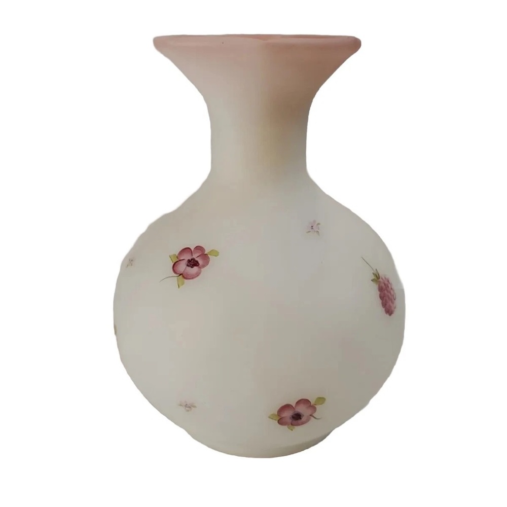 Fenton White Satin Glass Vase Artist Signed Raspberry Floral Design